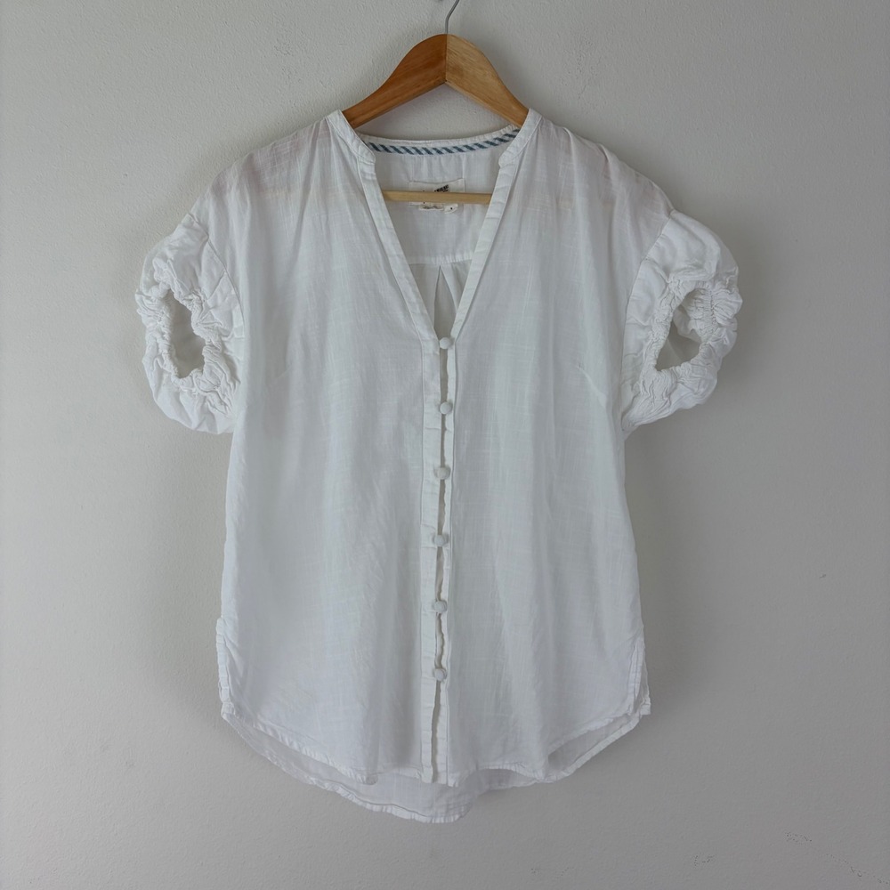 Anthropologie S White Cotton Gauze Puff Sleeve Button Front Blouse Cottagecore